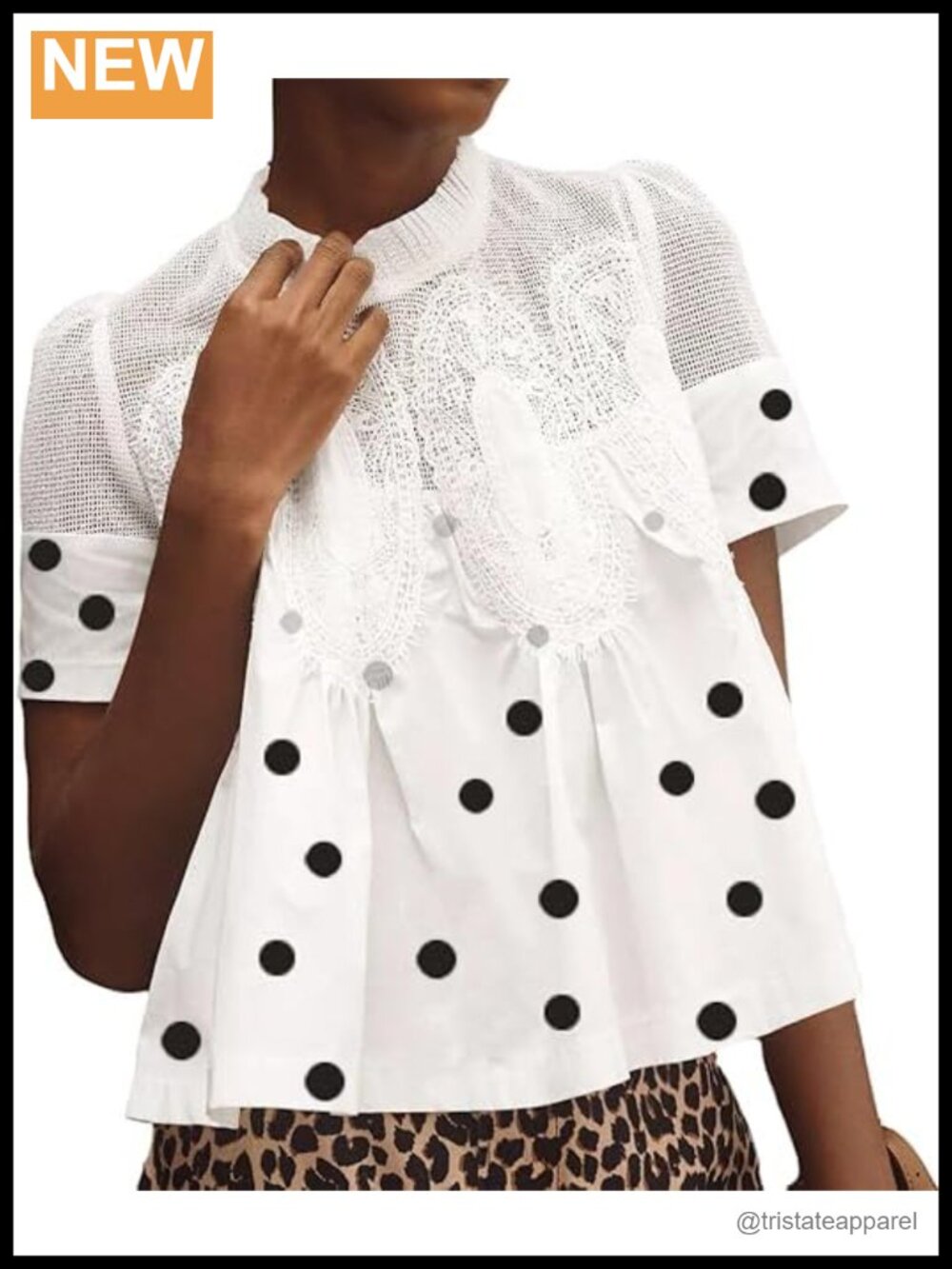 Lace-Detail Flared Blouse Short-Sleeve Crew Neck Cotton Blend